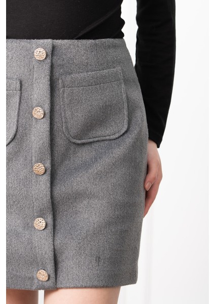 Chic Süs Düğme Detaylı Mini Kaşe Etek 6824