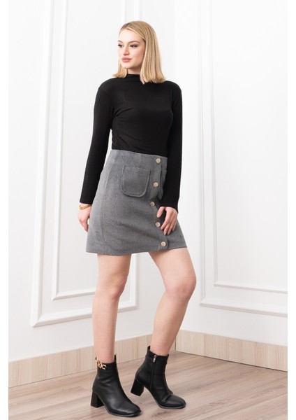 Chic Süs Düğme Detaylı Mini Kaşe Etek 6824 modelleri