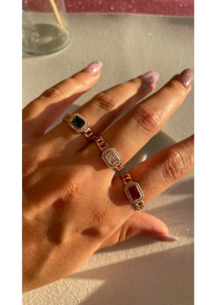 Kadın Ayarlanabilir Pembe Renkli Baget Taşlı Gurmet 925 Ayar Gümüş Yüzük modelleri