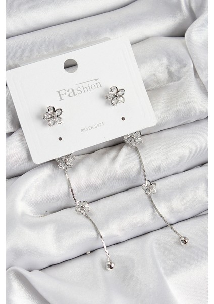 Pirinç Zirkon Taşlı Sallantılı Çiçek Model Gümüş Renk 925 Ayar Gümüş Çivi Kadın Küpe