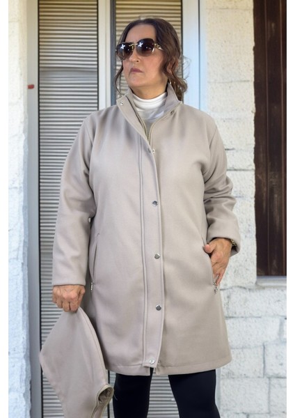 Çıt ve Fermuar Kapama Çıkartılabilir Kapüşon Astarlı Büyük Beden Kadın Kaban