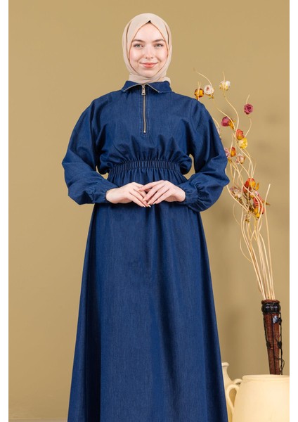 Fermuarlı Beli Lastikli Kot Elbise Koyu Mavi MSW19240-2 fiyatları