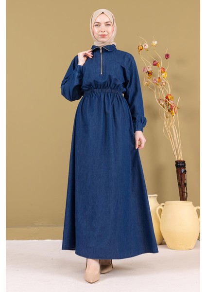 Fermuarlı Beli Lastikli Kot Elbise Koyu Mavi MSW19240-2 modelleri