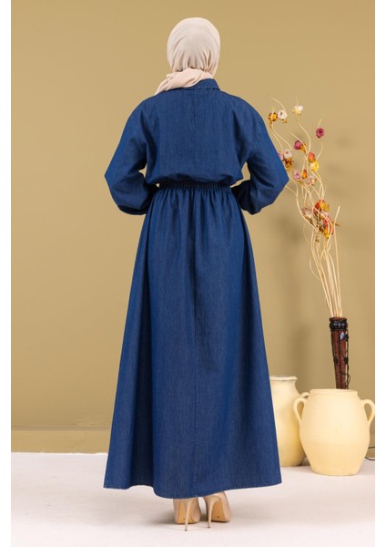 Fermuarlı Beli Lastikli Kot Elbise Koyu Mavi MSW19240-2 fırsatları