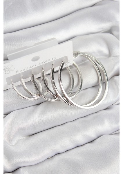 Pirinç Halka Model Gümüş Renk Kadın Set Küpe