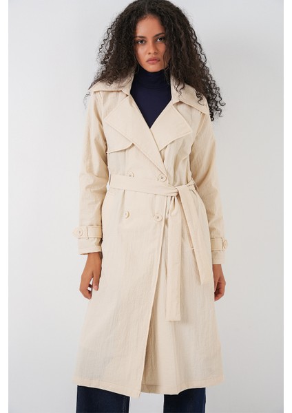 5938 Kruvaze Yaka Trençkot - Krem