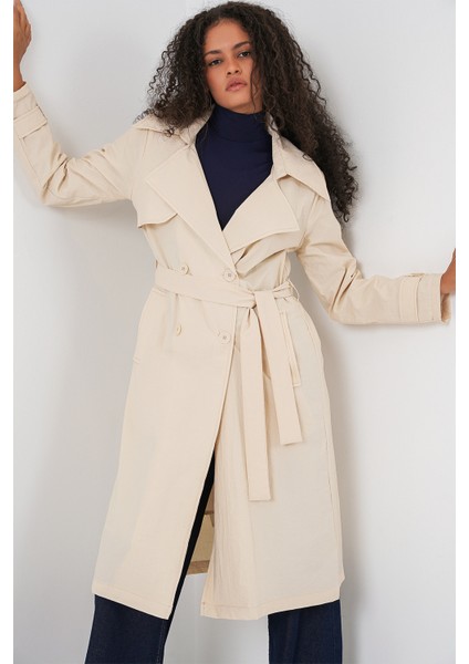 5938 Kruvaze Yaka Trençkot - Krem modelleri