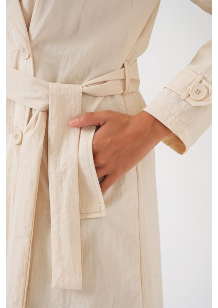 5938 Kruvaze Yaka Trençkot - Krem indirimleri