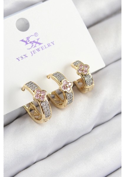 Pirinç Zirkon Taşlı 3'lü Halka Yonca Model Gold ve Gümüş Renk Kadın Küpe