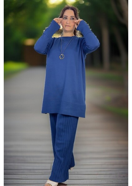 Düğme Detay Uzun Tunik Piliseli Beli Lastikli Pantolon Büyük Beden Merserize Takım
