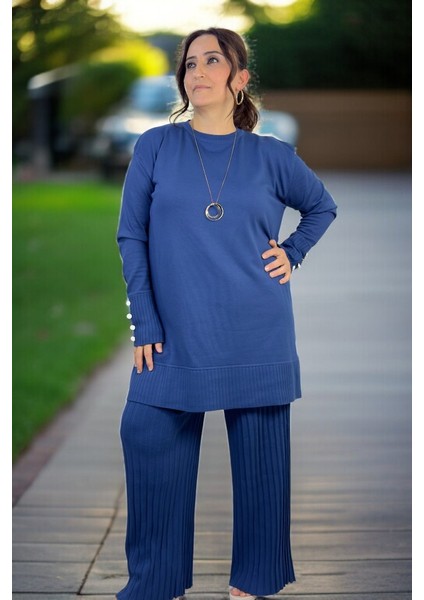 Düğme Detay Uzun Tunik Piliseli Beli Lastikli Pantolon Büyük Beden Merserize Takım fiyatları