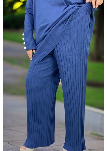 Düğme Detay Uzun Tunik Piliseli Beli Lastikli Pantolon Büyük Beden Merserize Takım modelleri