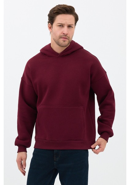 Erkek Oversize Pamuklu Kanguru Cepli 3 Iplik Basic Kapüşonlu Sweatshirt Bordo - L
