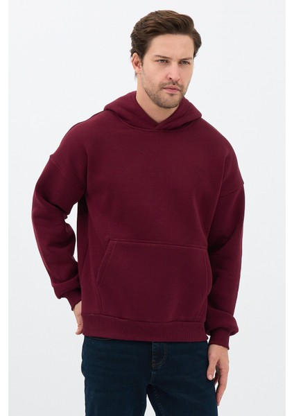 Erkek Oversize Pamuklu Kanguru Cepli 3 Iplik Basic Kapüşonlu Sweatshirt Bordo - L fiyatları