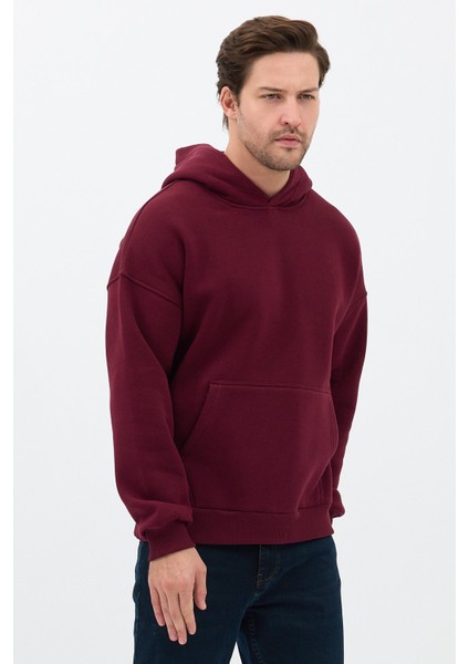 Erkek Oversize Pamuklu Kanguru Cepli 3 Iplik Basic Kapüşonlu Sweatshirt Bordo - L modelleri