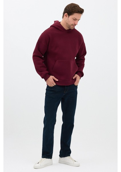 Erkek Oversize Pamuklu Kanguru Cepli 3 Iplik Basic Kapüşonlu Sweatshirt Bordo - L fırsatları