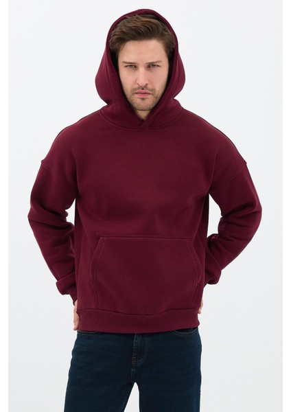 Erkek Oversize Pamuklu Kanguru Cepli 3 Iplik Basic Kapüşonlu Sweatshirt Bordo - L indirimleri