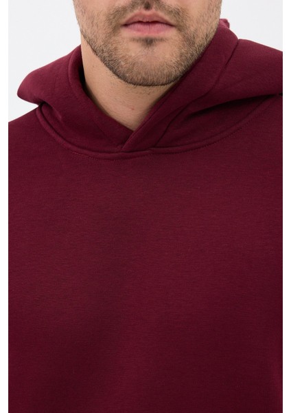 Erkek Oversize Pamuklu Kanguru Cepli 3 Iplik Basic Kapüşonlu Sweatshirt Bordo - L