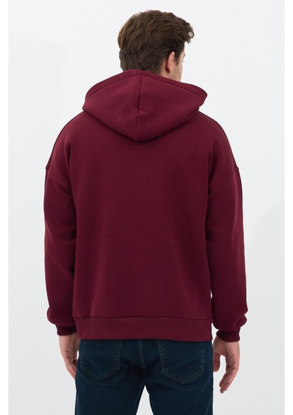 Erkek Oversize Pamuklu Kanguru Cepli 3 Iplik Basic Kapüşonlu Sweatshirt Bordo - L