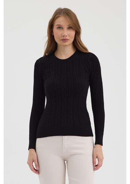 Kadın Saf %100 Pamuk Siyah Bisiklet Yaka Saç Örgü Triko Kazak – Örgü Desenli