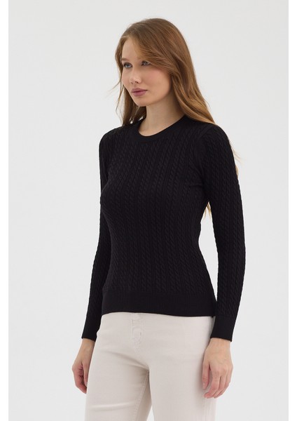 Kadın Saf %100 Pamuk Siyah Bisiklet Yaka Saç Örgü Triko Kazak – Örgü Desenli fiyatları
