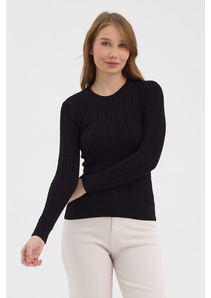 Kadın Saf %100 Pamuk Siyah Bisiklet Yaka Saç Örgü Triko Kazak – Örgü Desenli modelleri