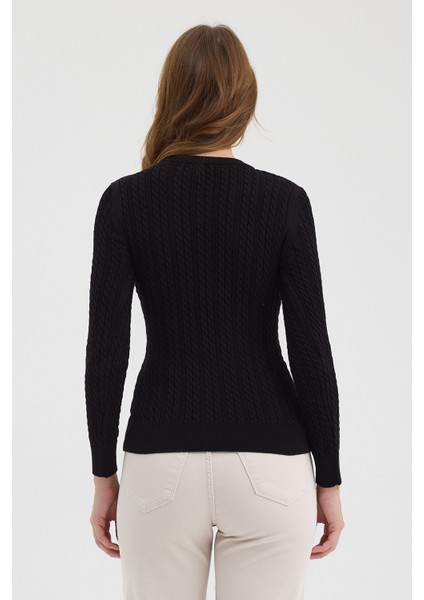 Kadın Saf %100 Pamuk Siyah Bisiklet Yaka Saç Örgü Triko Kazak – Örgü Desenli fırsatları