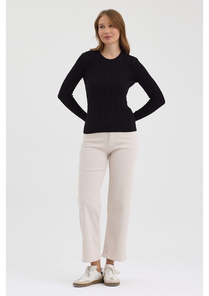 Kadın Saf %100 Pamuk Siyah Bisiklet Yaka Saç Örgü Triko Kazak – Örgü Desenli indirimleri