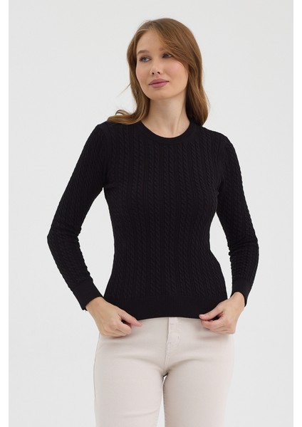 Kadın Saf %100 Pamuk Siyah Bisiklet Yaka Saç Örgü Triko Kazak – Örgü Desenli