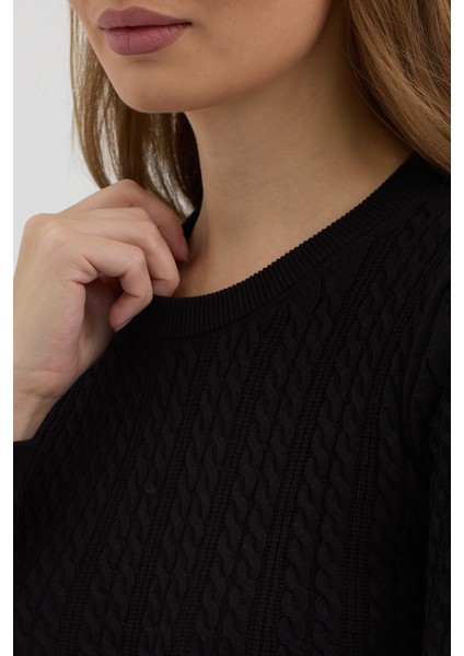 Kadın Saf %100 Pamuk Siyah Bisiklet Yaka Saç Örgü Triko Kazak – Örgü Desenli