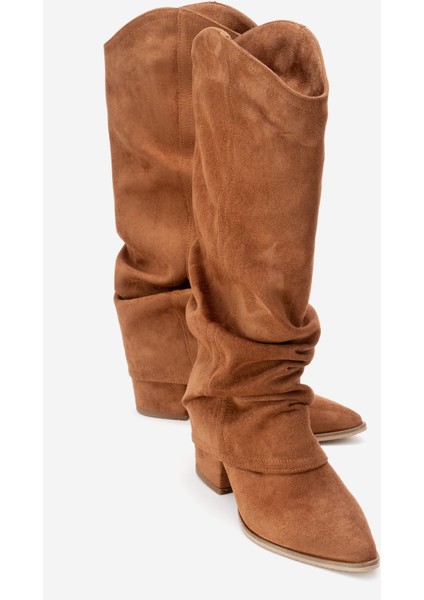 Elarıs Taba Süet Körüklü Kadın Kalın Topuklu Çizme