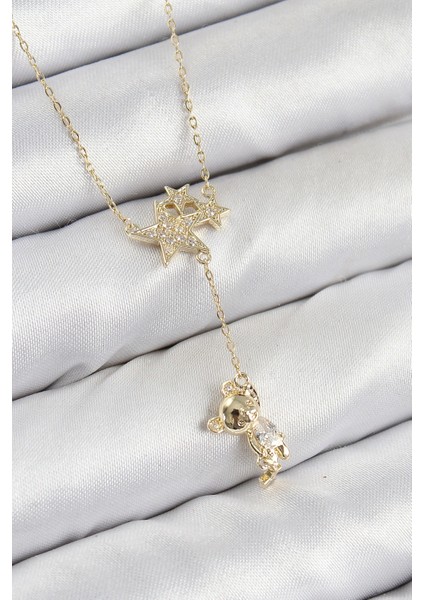 Pirinç Zirkon Taşlı Sallantılı Ayıcıklı Yıldız Model Gold Renk Kadın Kolye