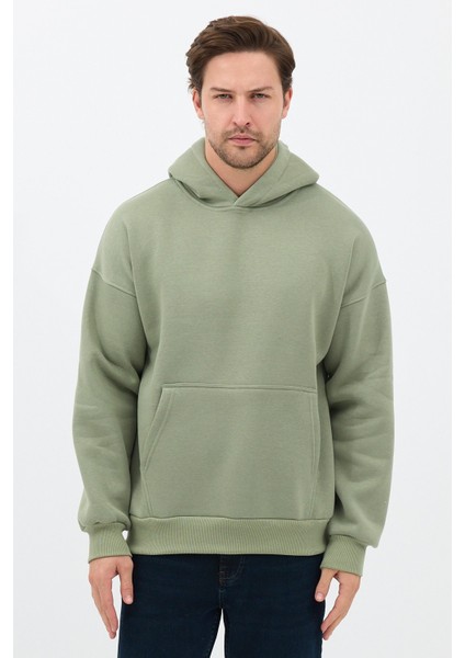 Erkek Oversize Pamuklu Kanguru Cepli 3 Iplik Basic Kapüşonlu Sweatshirt Buz Yeşil - L
