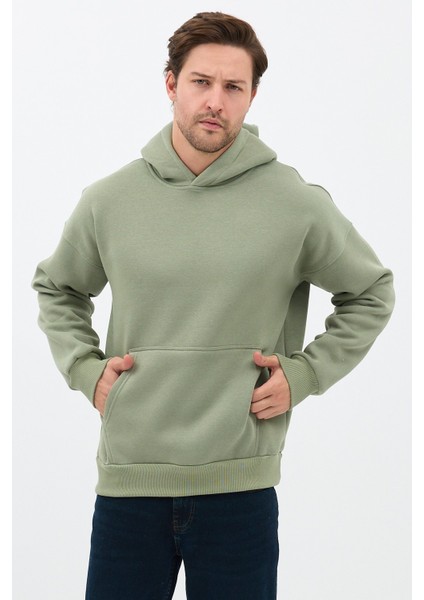 Erkek Oversize Pamuklu Kanguru Cepli 3 Iplik Basic Kapüşonlu Sweatshirt Buz Yeşil - L fiyatları