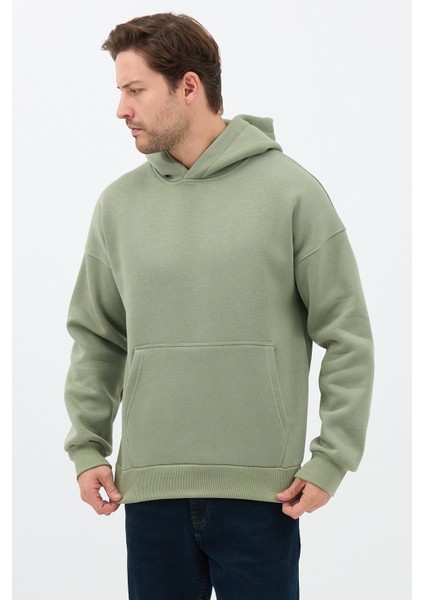 Erkek Oversize Pamuklu Kanguru Cepli 3 Iplik Basic Kapüşonlu Sweatshirt Buz Yeşil - L modelleri