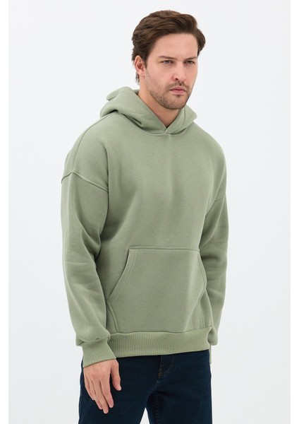 Erkek Oversize Pamuklu Kanguru Cepli 3 Iplik Basic Kapüşonlu Sweatshirt Buz Yeşil - L fırsatları