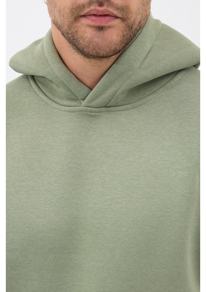 Erkek Oversize Pamuklu Kanguru Cepli 3 Iplik Basic Kapüşonlu Sweatshirt Buz Yeşil - L