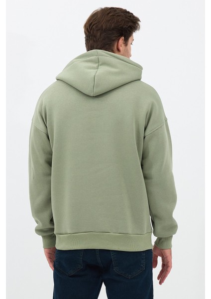 Erkek Oversize Pamuklu Kanguru Cepli 3 Iplik Basic Kapüşonlu Sweatshirt Buz Yeşil - L