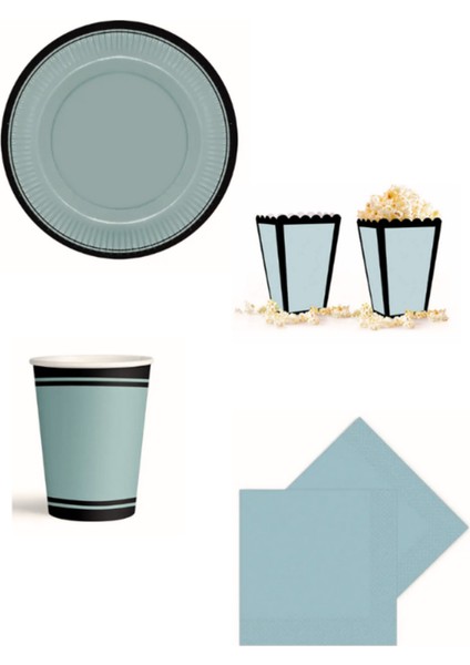 Doğum Günü Tabak, Bardak, Peçete ve Mısır Kutusu Seti Mavi