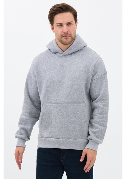 Erkek Oversize Pamuklu Kanguru Cepli 3 Iplik Basic Kapüşonlu Sweatshirt Gri - M