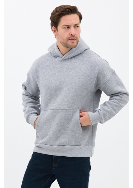 Erkek Oversize Pamuklu Kanguru Cepli 3 Iplik Basic Kapüşonlu Sweatshirt Gri - M fiyatları