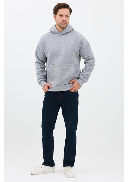 Erkek Oversize Pamuklu Kanguru Cepli 3 Iplik Basic Kapüşonlu Sweatshirt Gri - M indirimleri
