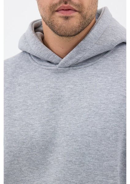 Erkek Oversize Pamuklu Kanguru Cepli 3 Iplik Basic Kapüşonlu Sweatshirt Gri - M