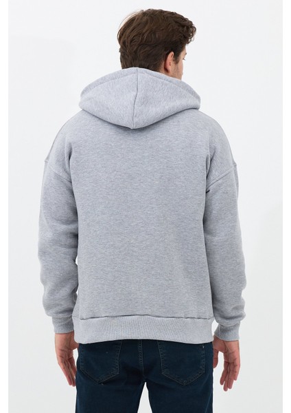 Erkek Oversize Pamuklu Kanguru Cepli 3 Iplik Basic Kapüşonlu Sweatshirt Gri - M