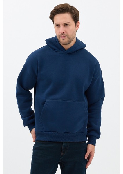 Erkek Oversize Pamuklu Kanguru Cepli 3 Iplik Basic Kapüşonlu Sweatshirt Lacivert - M