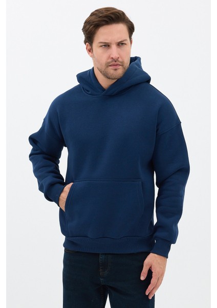 Erkek Oversize Pamuklu Kanguru Cepli 3 Iplik Basic Kapüşonlu Sweatshirt Lacivert - M fiyatları