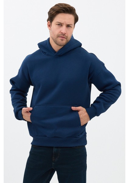 Erkek Oversize Pamuklu Kanguru Cepli 3 Iplik Basic Kapüşonlu Sweatshirt Lacivert - M modelleri