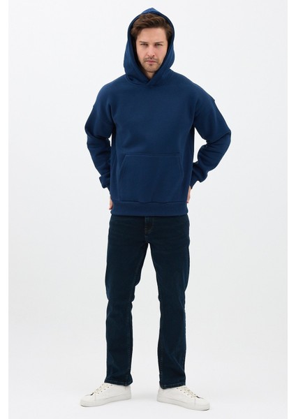 Erkek Oversize Pamuklu Kanguru Cepli 3 Iplik Basic Kapüşonlu Sweatshirt Lacivert - M fırsatları