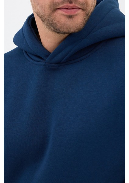 Erkek Oversize Pamuklu Kanguru Cepli 3 Iplik Basic Kapüşonlu Sweatshirt Lacivert - M indirimleri