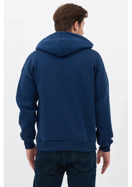 Erkek Oversize Pamuklu Kanguru Cepli 3 Iplik Basic Kapüşonlu Sweatshirt Lacivert - M